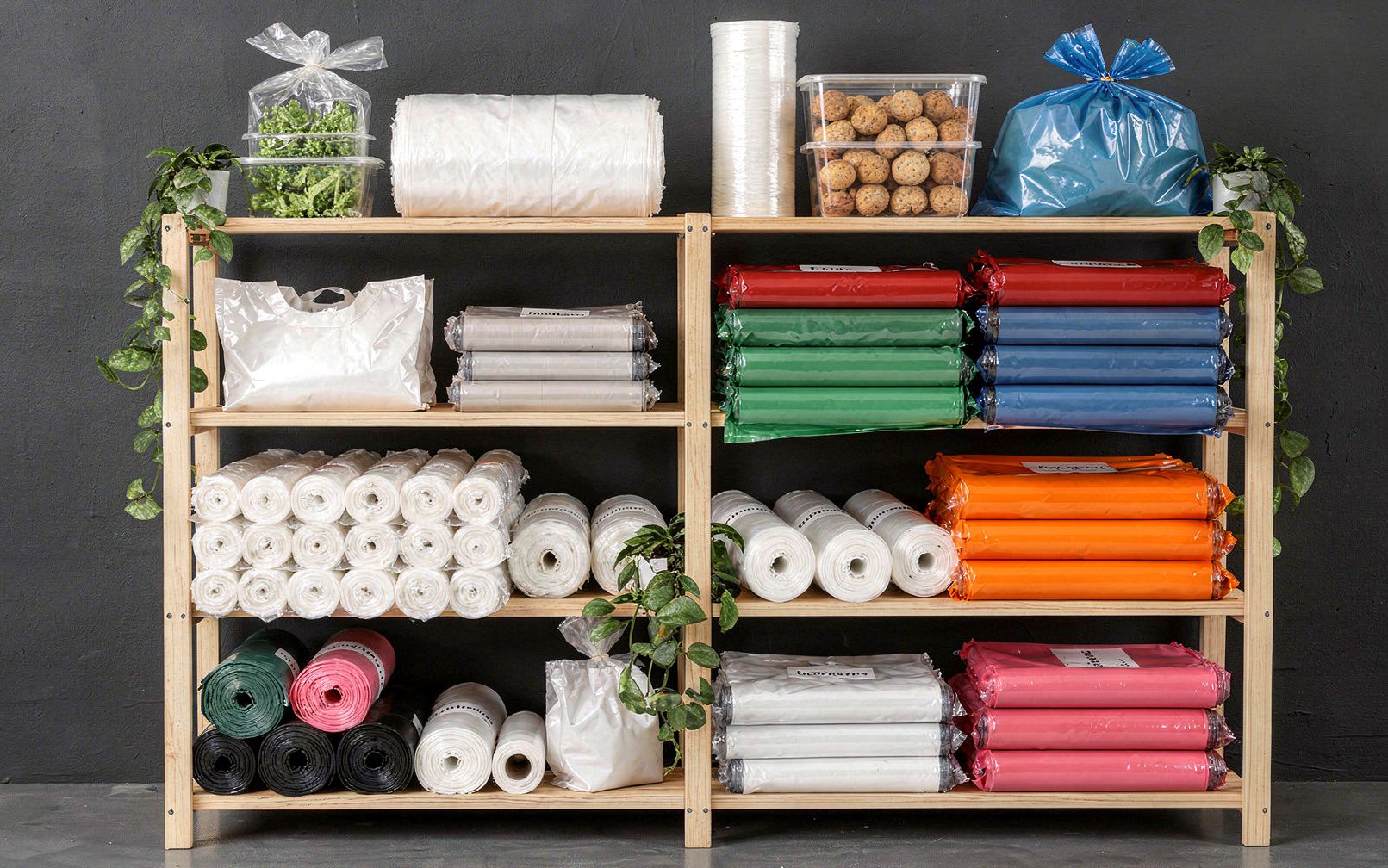 eco-friendly plastic products and biodegradable packaging materials, sustainable business, professional photography